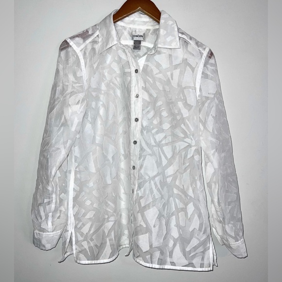 Chico's Tops - Chico’s White Sheer Printed Burnout Button Down Top Shirt Sz M